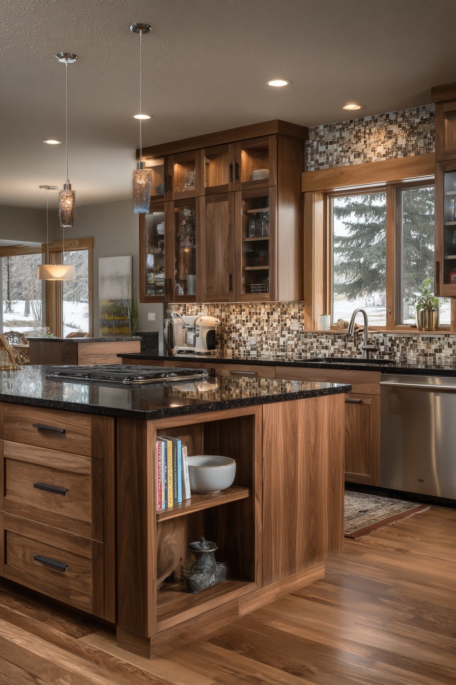 Walnut shaker kitchen cabinets with black granite counters, glass mosaic backsplash and island with open cookbook shelves