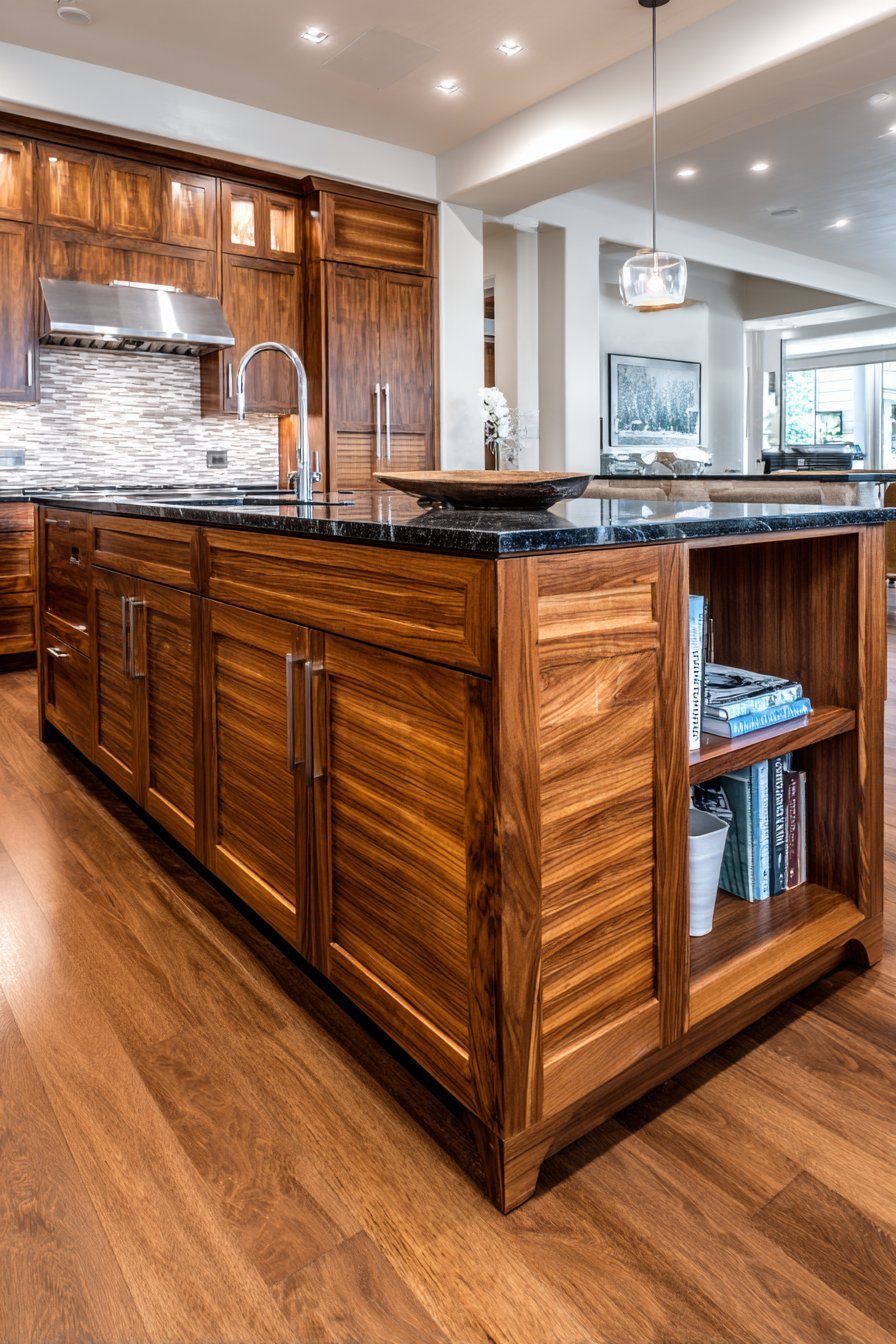 Walnut shaker kitchen cabinets with black granite counters, glass mosaic backsplash and island with open cookbook shelves