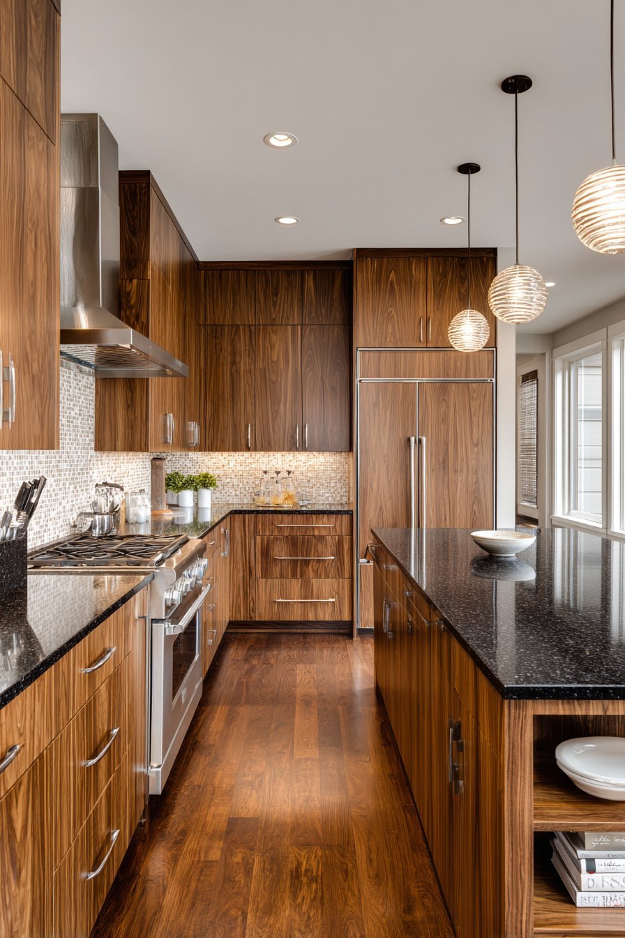 Walnut shaker kitchen cabinets with black granite counters, glass mosaic backsplash and island with open cookbook shelves