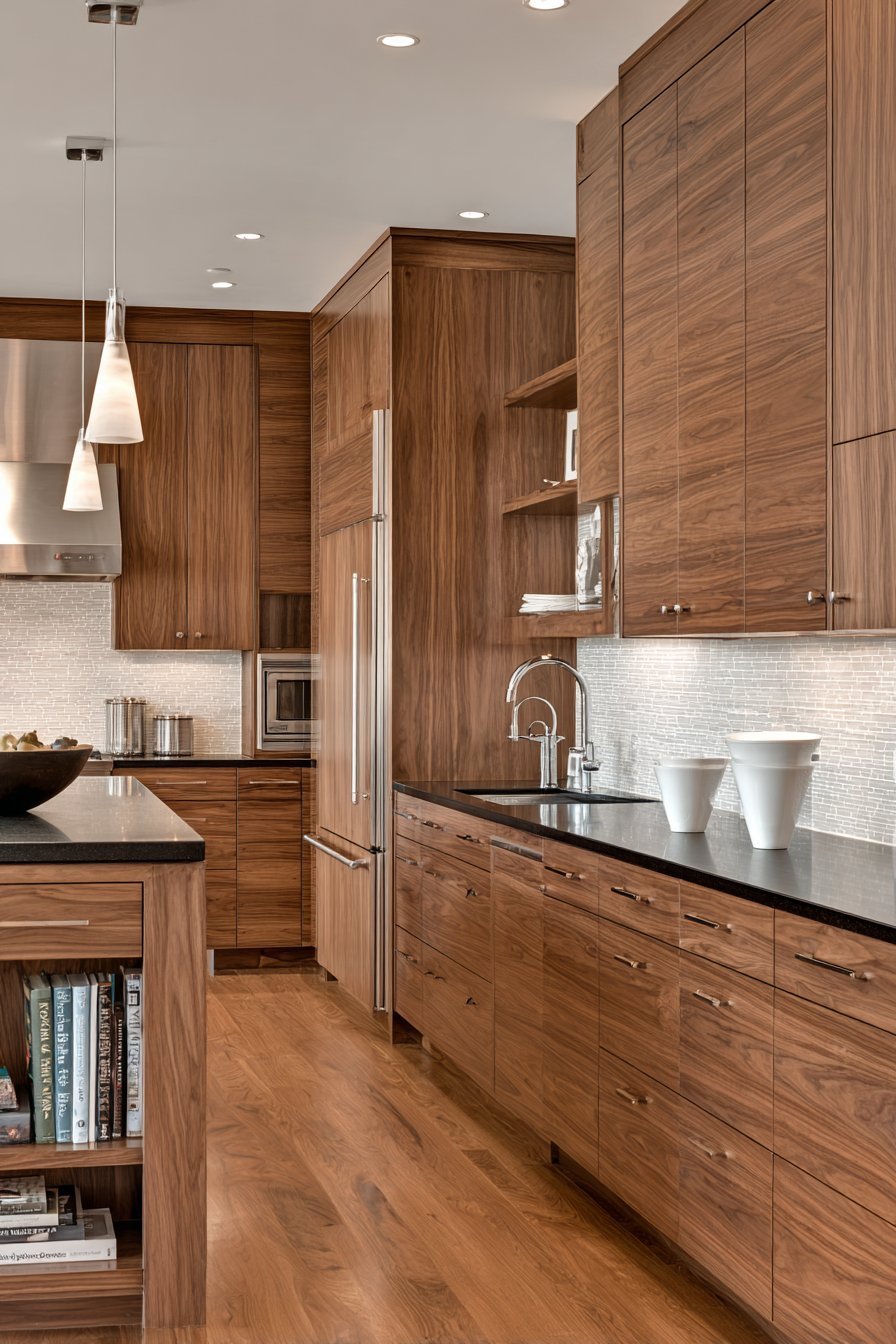 Walnut shaker kitchen cabinets with black granite counters, glass mosaic backsplash and island with open cookbook shelves