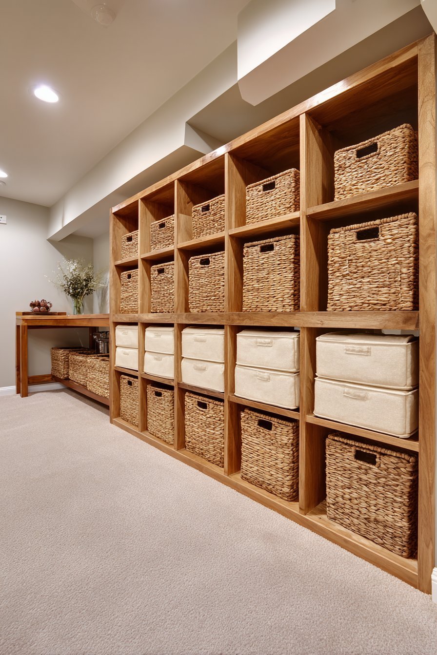 Natural wood stackable cubes with fabric drawers and a narrow console with woven baskets on soft grey basement walls