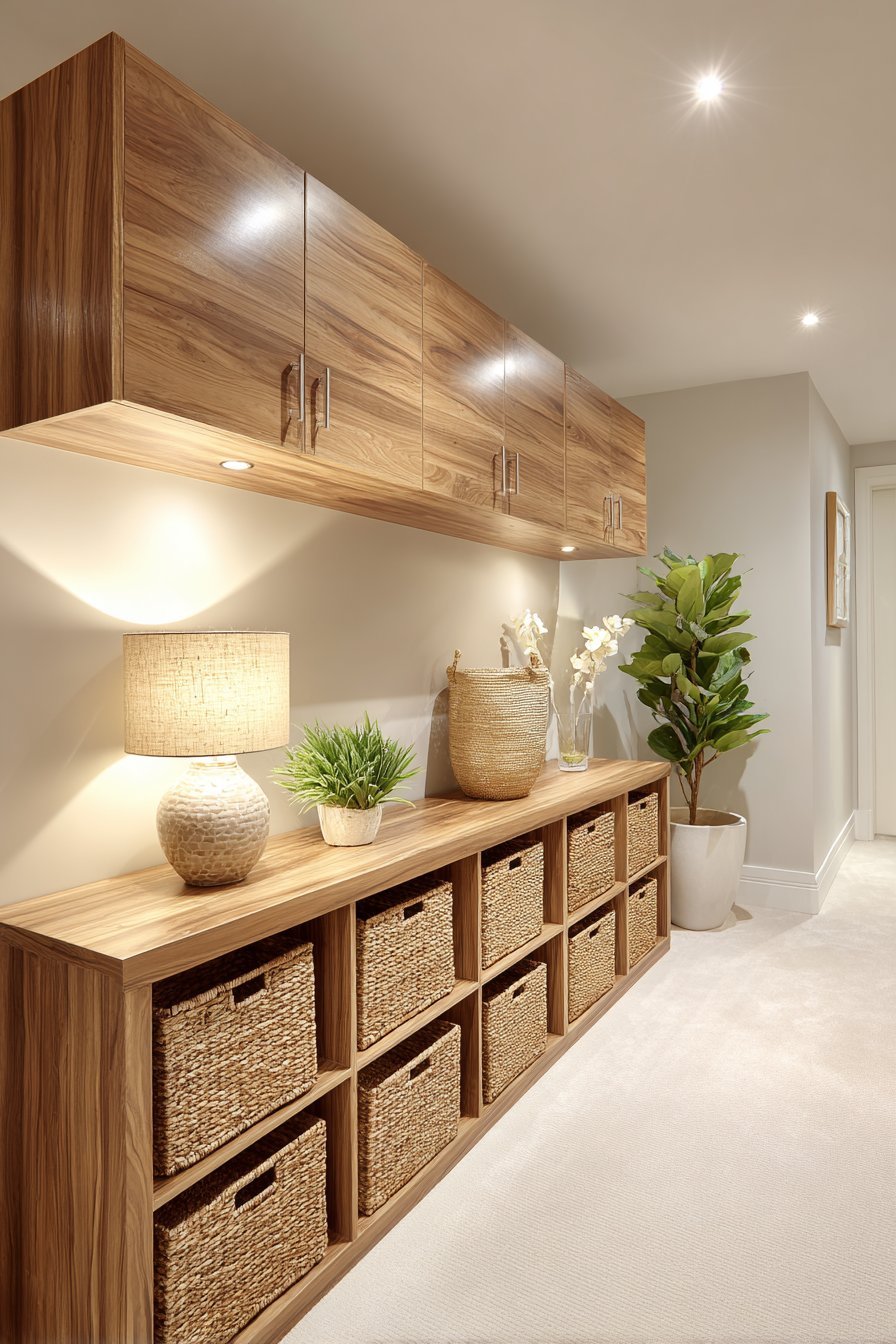Natural wood stackable cubes with fabric drawers and a narrow console with woven baskets on soft grey basement walls