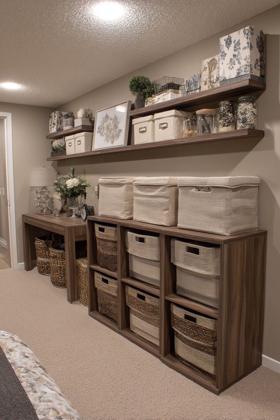 Natural wood stackable cubes with fabric drawers and a narrow console with woven baskets on soft grey basement walls