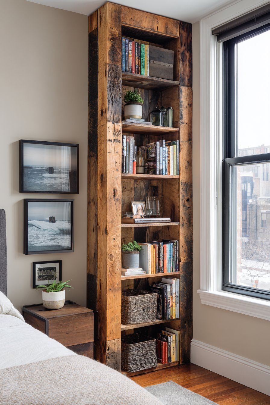 Tall narrow reclaimed wood corner bookcase with books, storage boxes, small plants and framed photographs