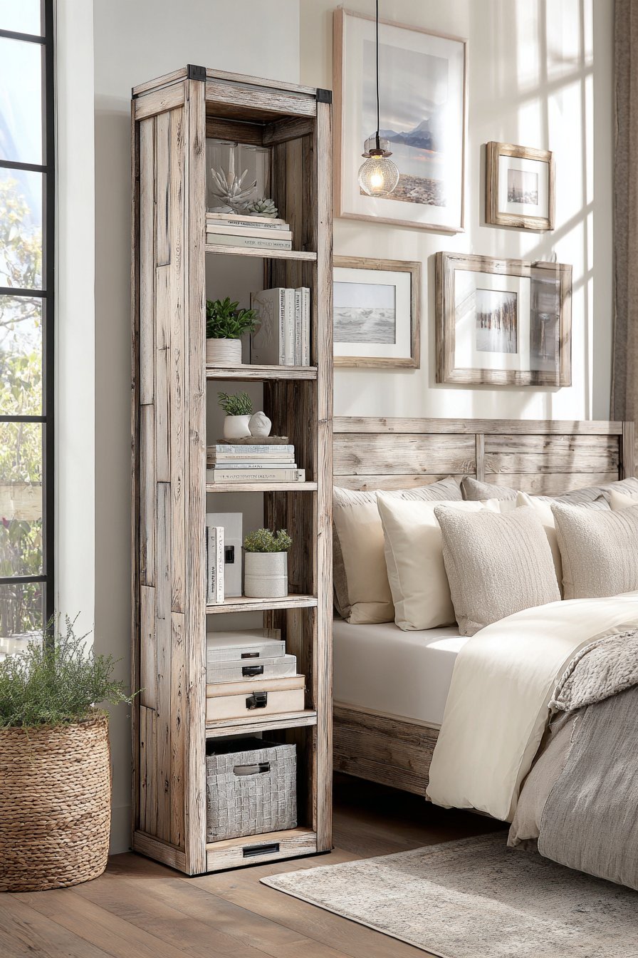 Tall narrow reclaimed wood corner bookcase with books, storage boxes, small plants and framed photographs