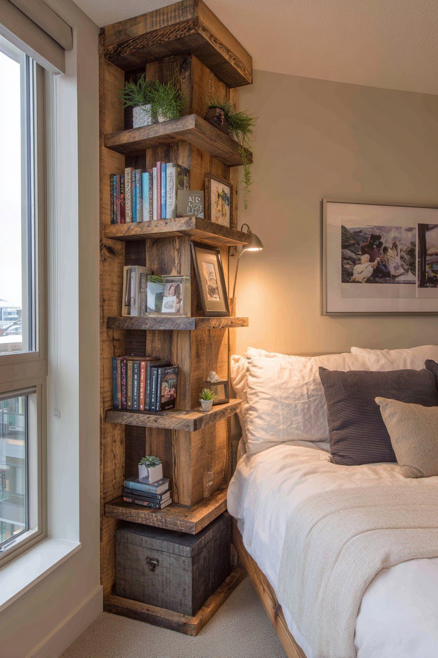 Tall narrow reclaimed wood corner bookcase with books, storage boxes, small plants and framed photographs