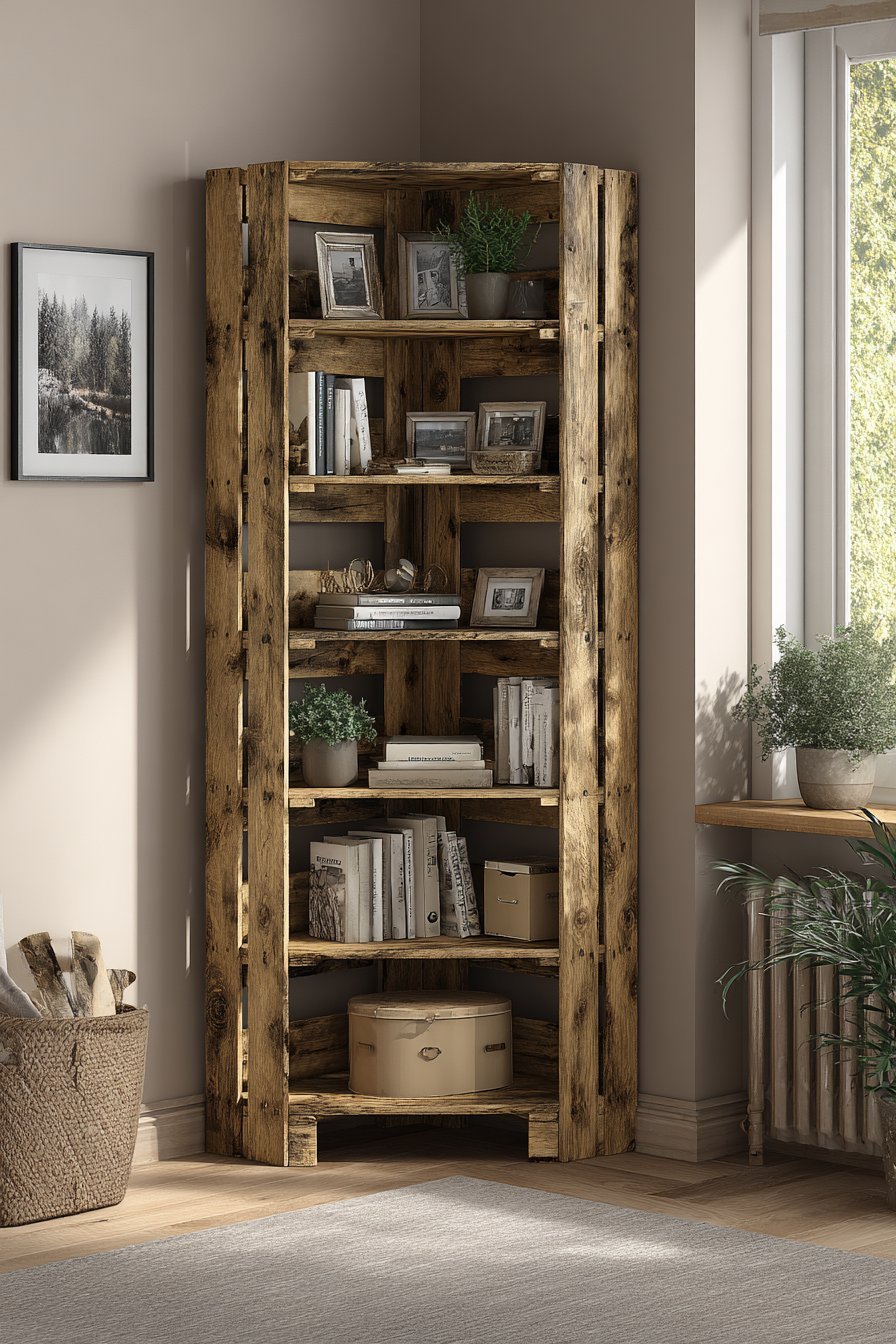 Tall narrow reclaimed wood corner bookcase with books, storage boxes, small plants and framed photographs