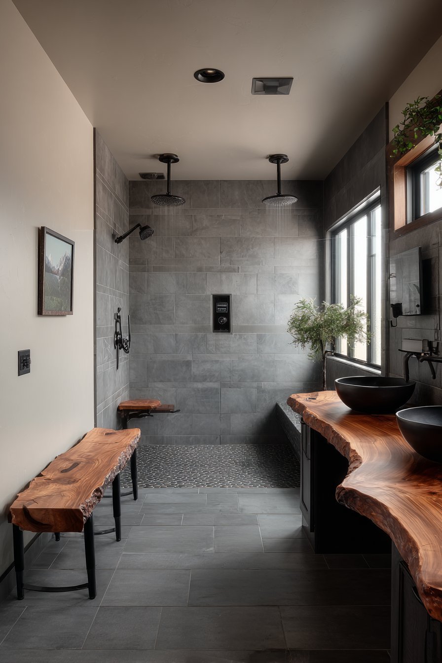 Steam shower with teak bench and grey porcelain slabs beside a live-edge double vanity with vessel sinks