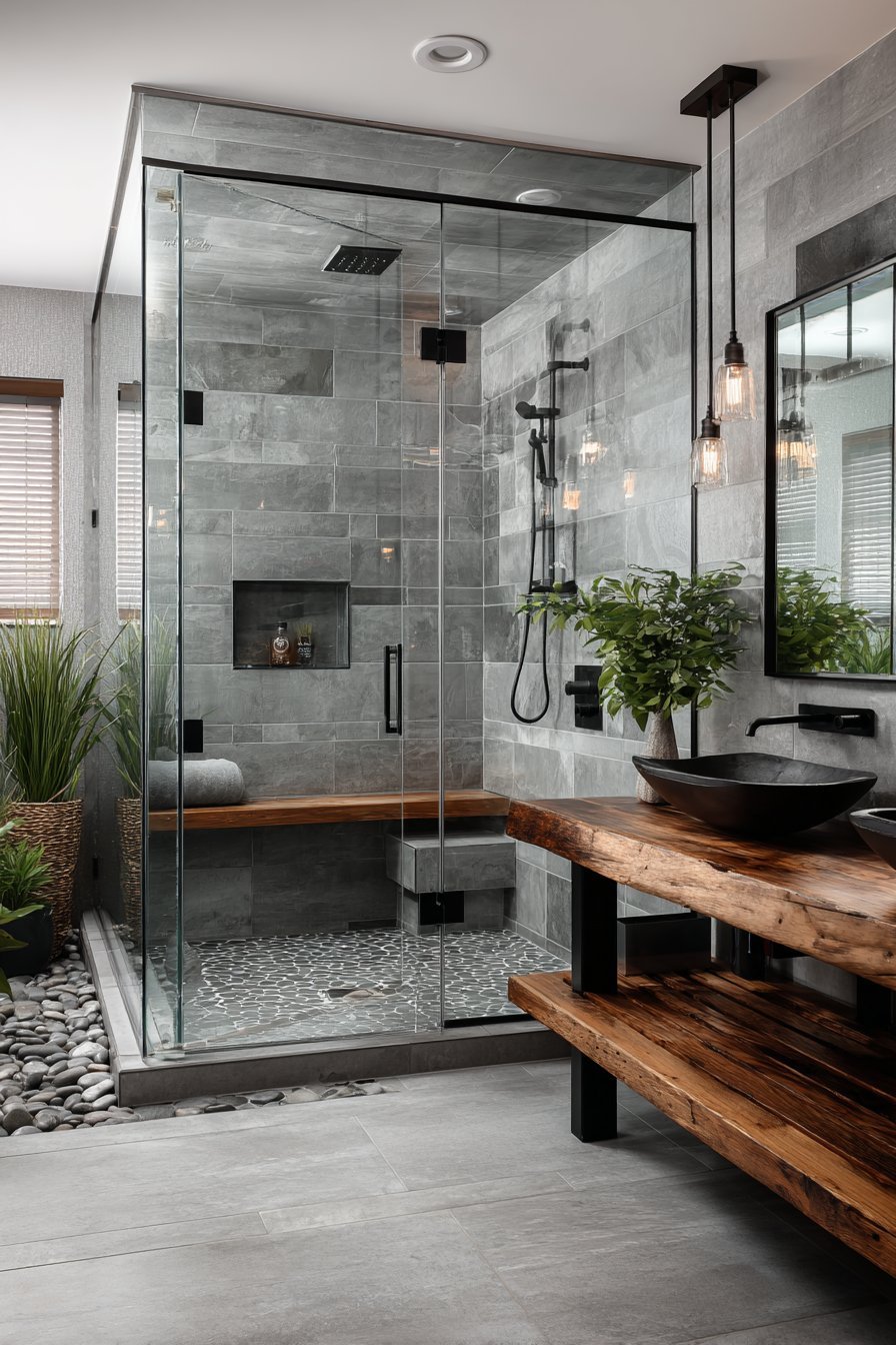 Steam shower with teak bench and grey porcelain slabs beside a live-edge double vanity with vessel sinks