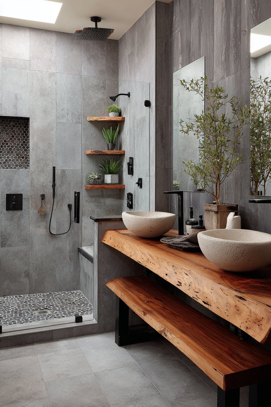 Steam shower with teak bench and grey porcelain slabs beside a live-edge double vanity with vessel sinks