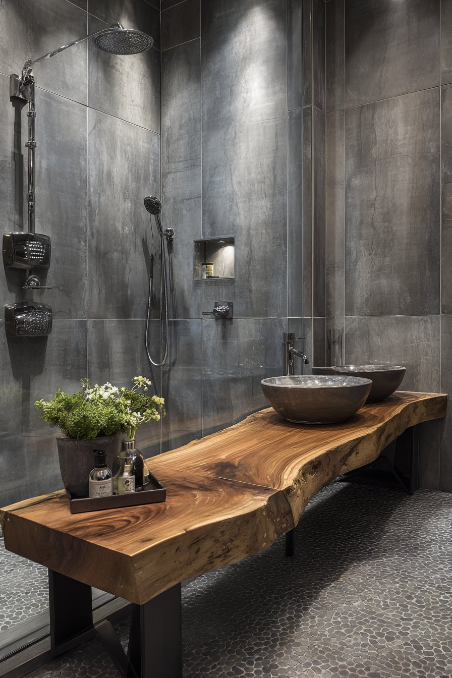 Steam shower with teak bench and grey porcelain slabs beside a live-edge double vanity with vessel sinks