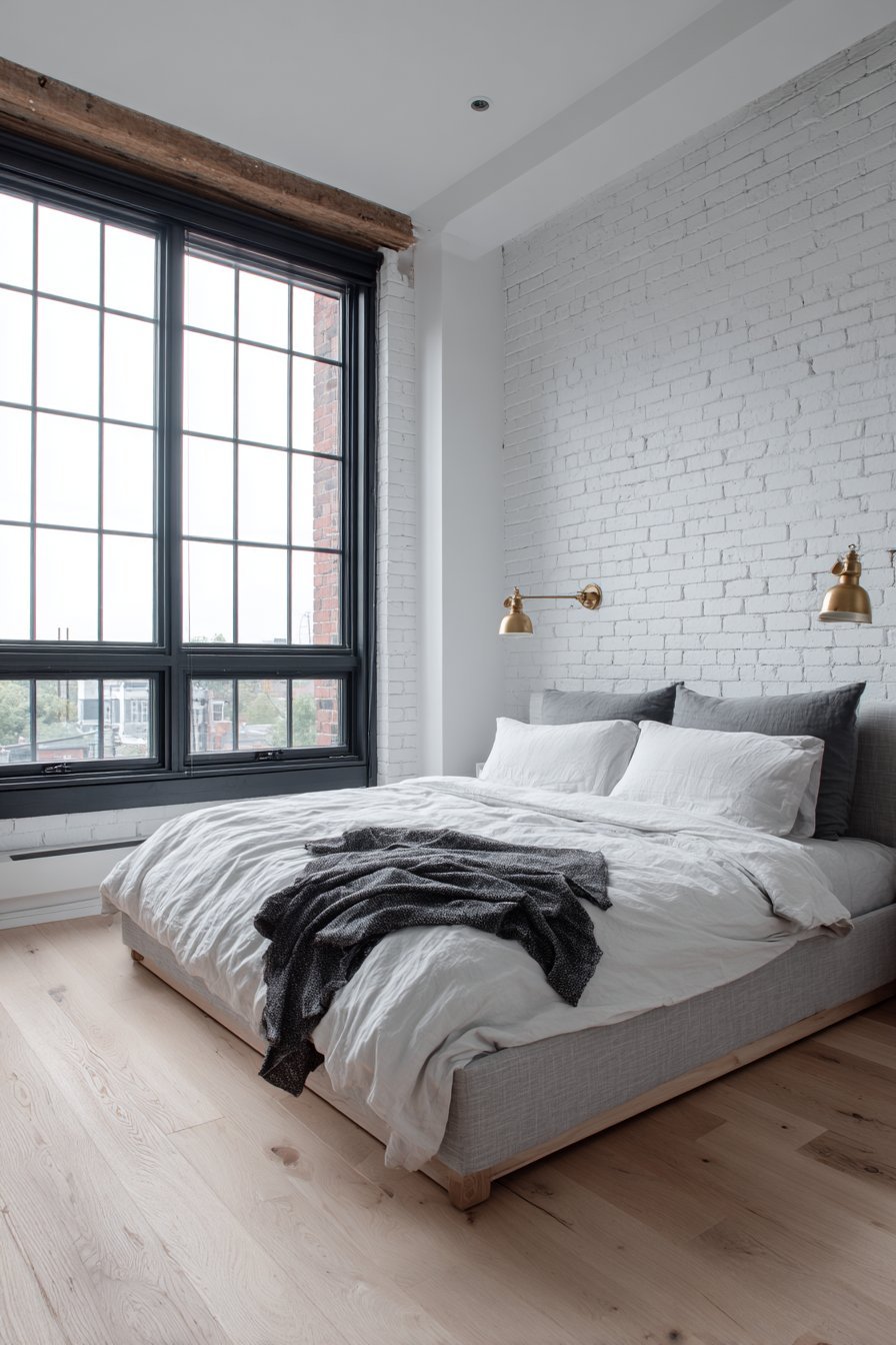 Loft bedroom with white-painted brick, grey linen bed, brass wall reading lights and black-framed factory windows