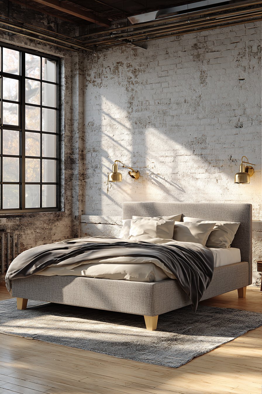 Loft bedroom with white-painted brick, grey linen bed, brass wall reading lights and black-framed factory windows