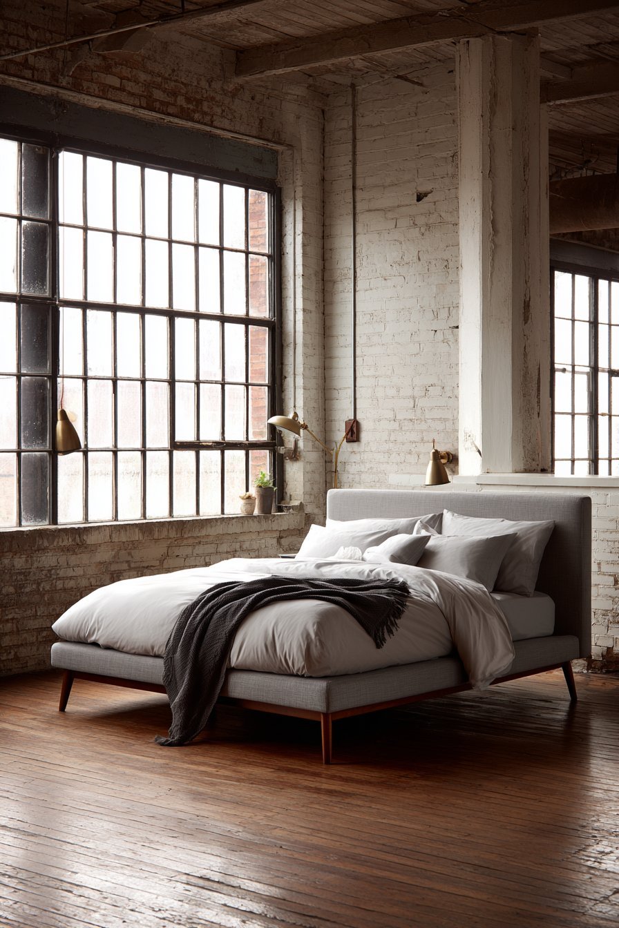 Loft bedroom with white-painted brick, grey linen bed, brass wall reading lights and black-framed factory windows
