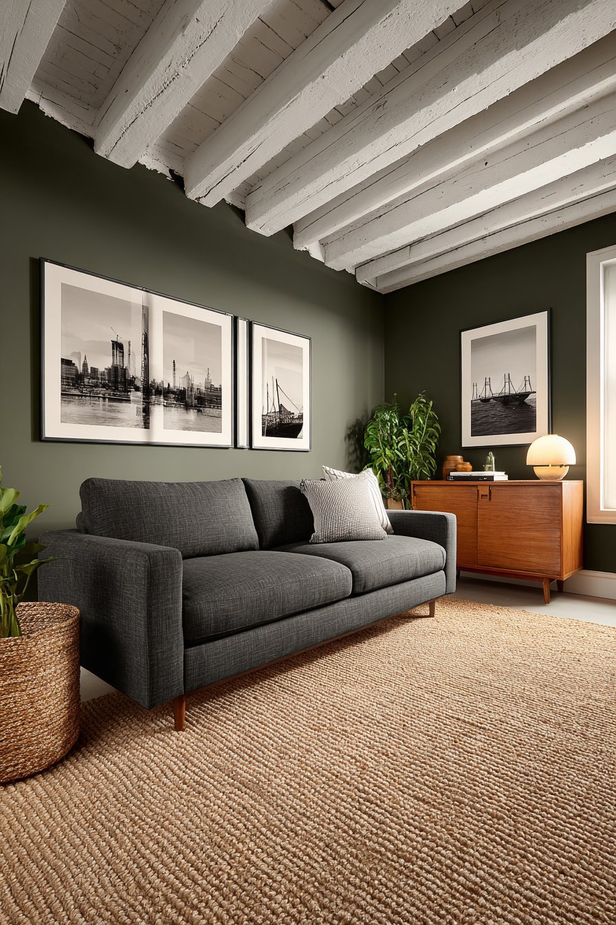 Dark-stained ceiling beams over olive green walls, charcoal sofa, jute rug and walnut credenza