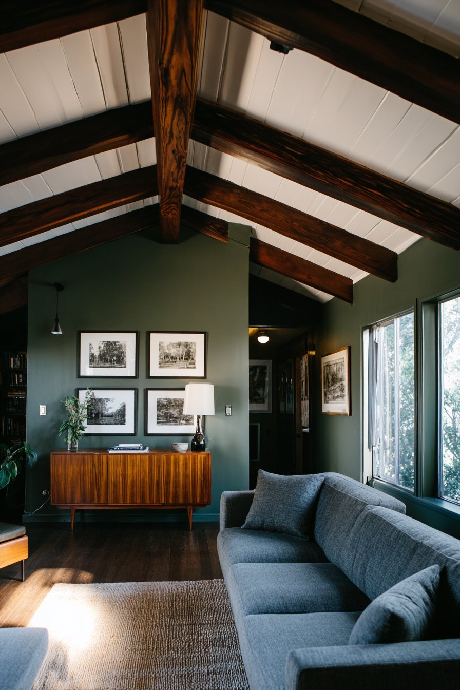 Dark-stained ceiling beams over olive green walls, charcoal sofa, jute rug and walnut credenza