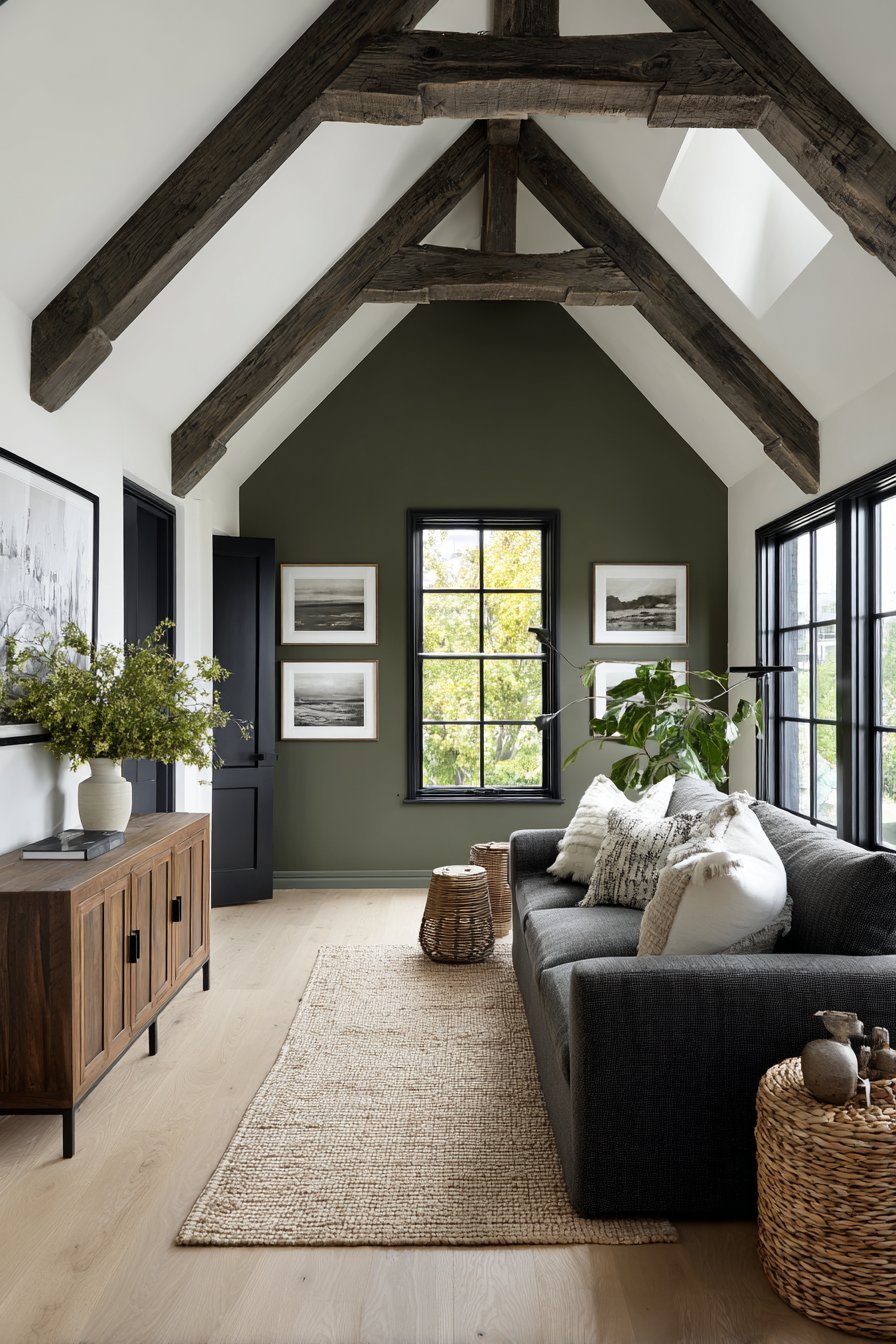 Dark-stained ceiling beams over olive green walls, charcoal sofa, jute rug and walnut credenza