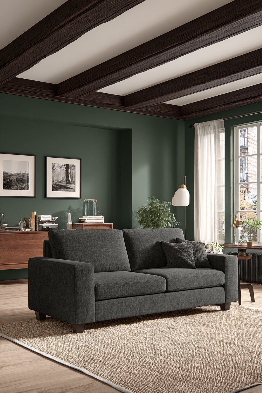 Dark-stained ceiling beams over olive green walls, charcoal sofa, jute rug and walnut credenza