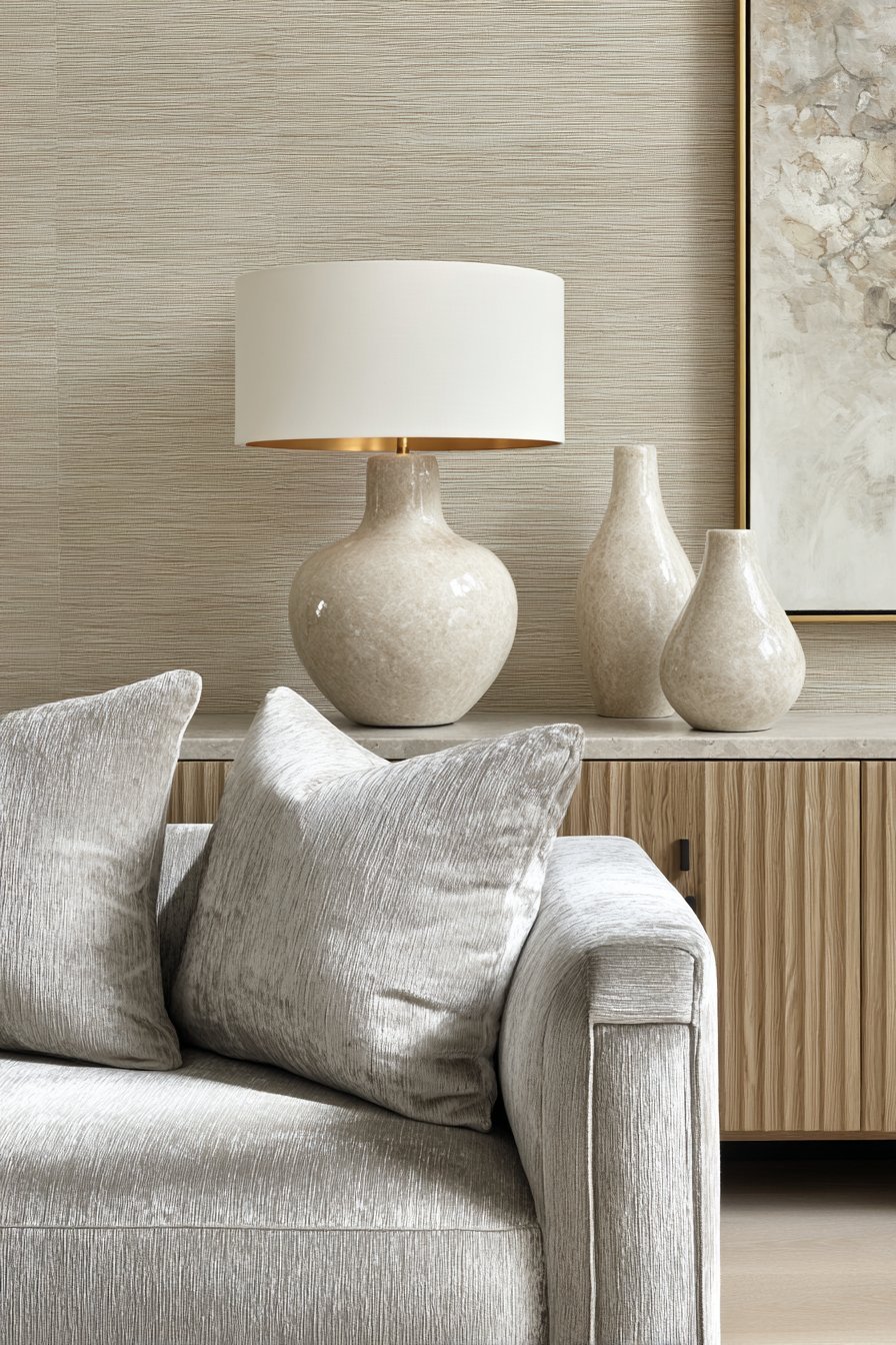 Contemporary neutral living room with grey velvet sofa, grasscloth feature wall and ash wood console