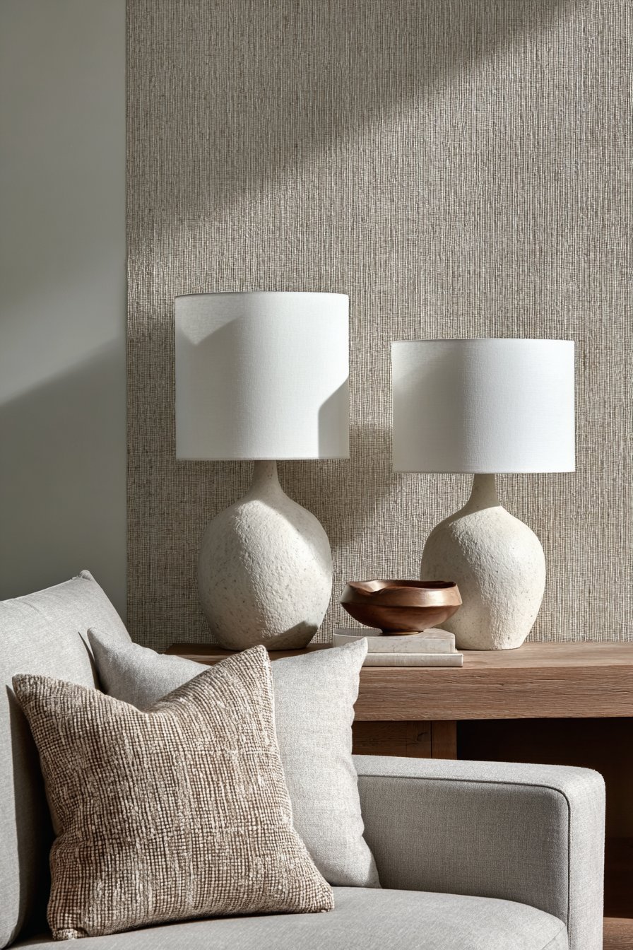 Contemporary neutral living room with grey velvet sofa, grasscloth feature wall and ash wood console