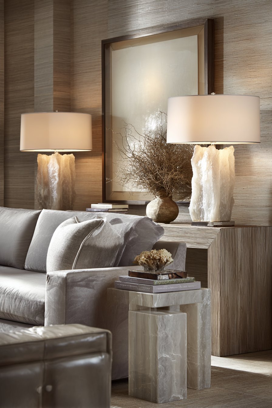 Contemporary neutral living room with grey velvet sofa, grasscloth feature wall and ash wood console