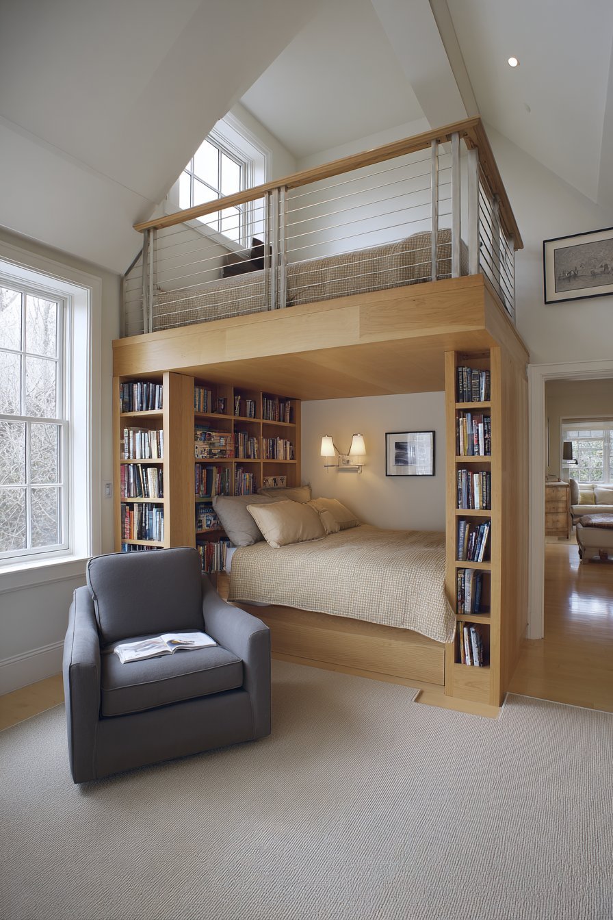 Pine loft bed with reading nook below, charcoal armchair and small bookshelf in a compact bedroom