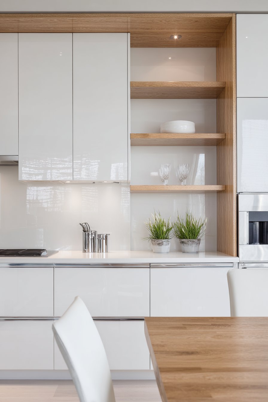 Glossy white kitchen cabinets with mirrored backsplash, wood floating shelves and quartz breakfast bar