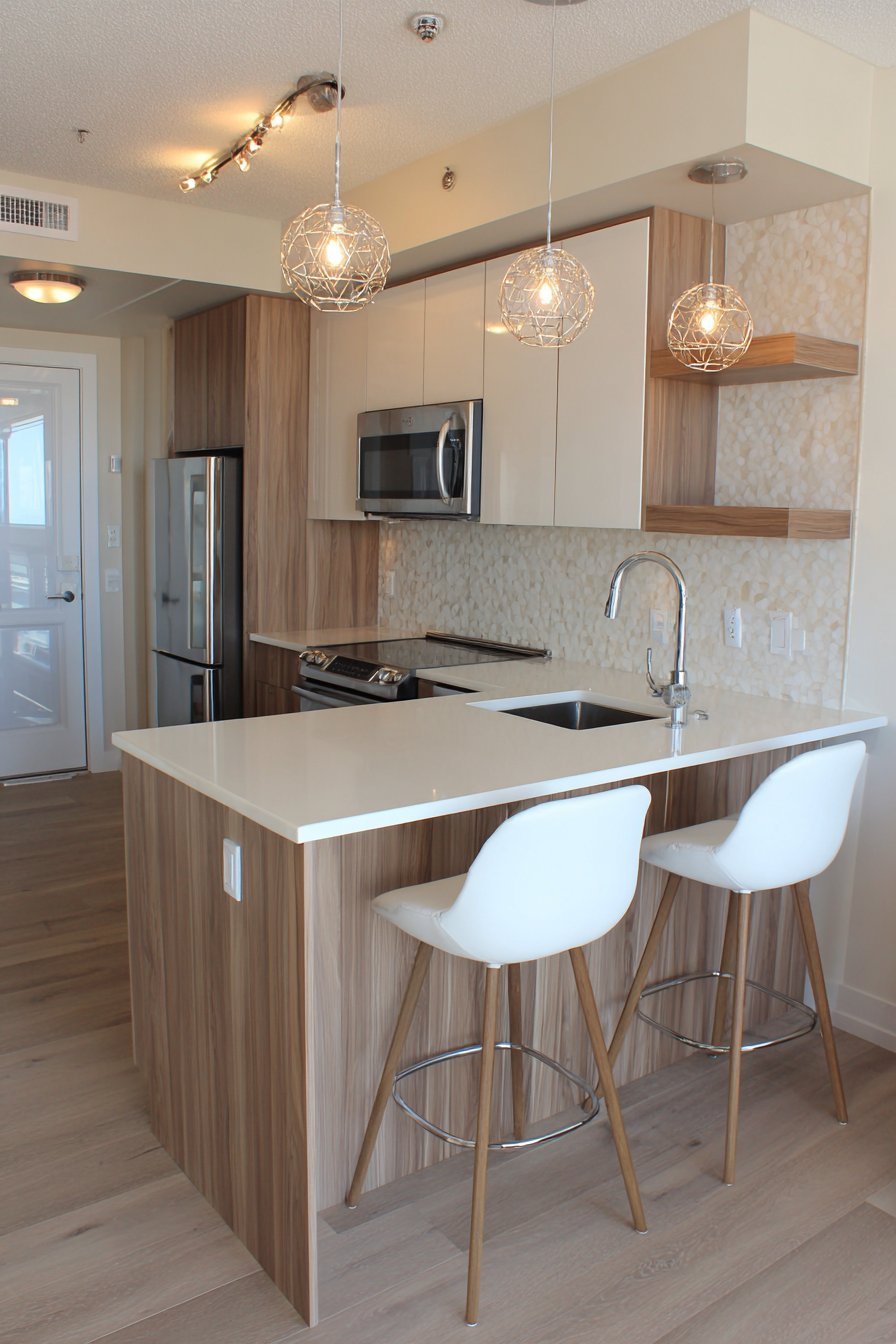 Glossy white kitchen cabinets with mirrored backsplash, wood floating shelves and quartz breakfast bar