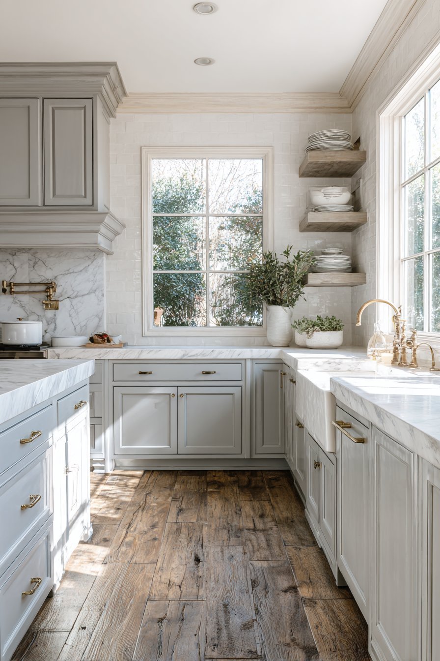 Soft grey frame-and-panel kitchen cabinets with white marble, brass hardware, crackle tile and corbel open shelving