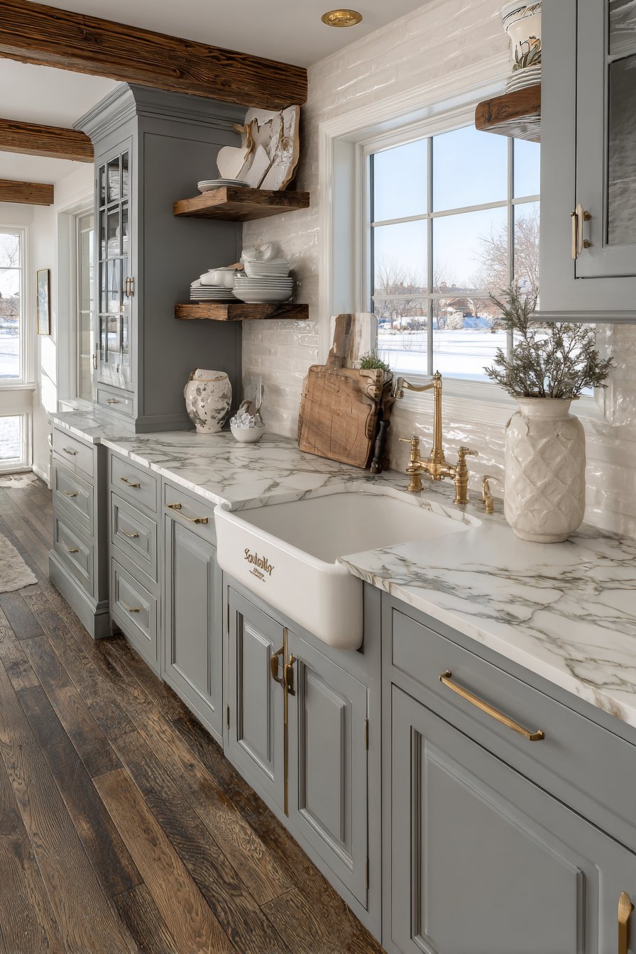 Soft grey frame-and-panel kitchen cabinets with white marble, brass hardware, crackle tile and corbel open shelving