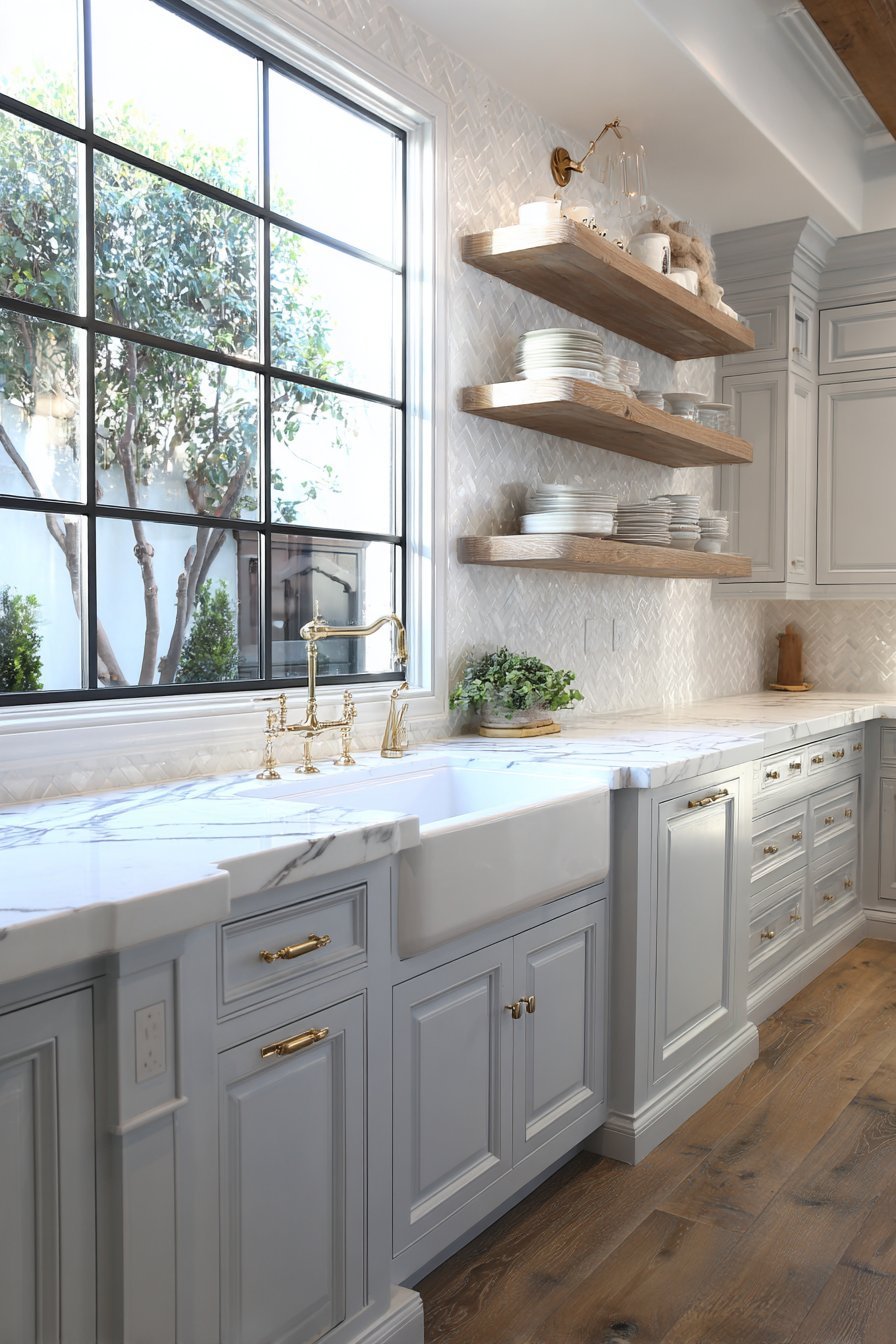 Soft grey frame-and-panel kitchen cabinets with white marble, brass hardware, crackle tile and corbel open shelving