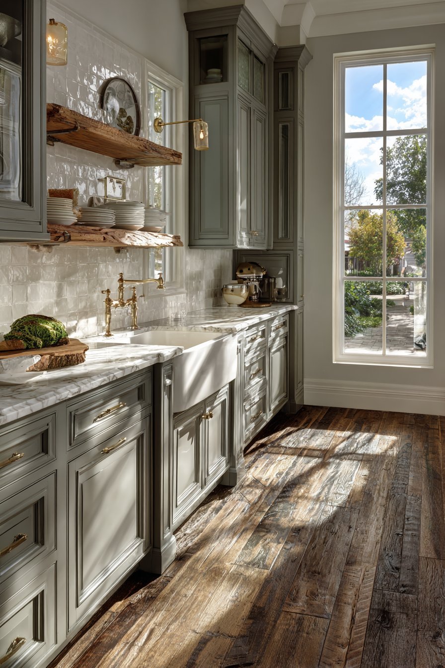 Soft grey frame-and-panel kitchen cabinets with white marble, brass hardware, crackle tile and corbel open shelving