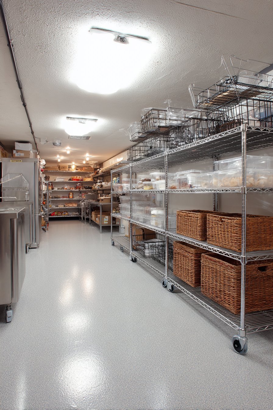 Chrome wire shelving on casters and a speed rack holding bulk supplies on a speckled grey epoxy basement floor