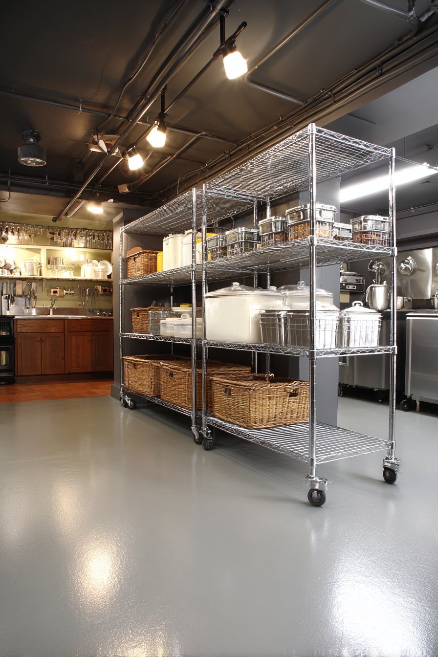 Chrome wire shelving on casters and a speed rack holding bulk supplies on a speckled grey epoxy basement floor