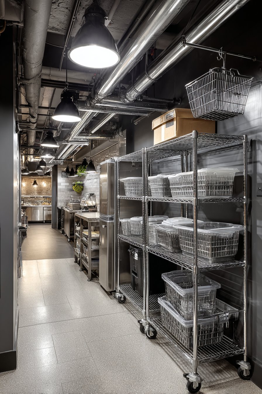 Chrome wire shelving on casters and a speed rack holding bulk supplies on a speckled grey epoxy basement floor