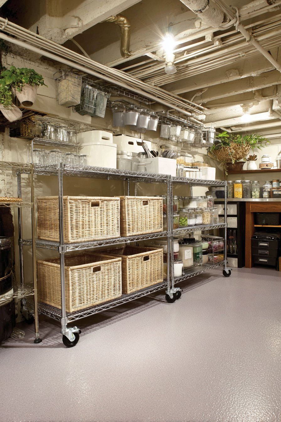 Chrome wire shelving on casters and a speed rack holding bulk supplies on a speckled grey epoxy basement floor