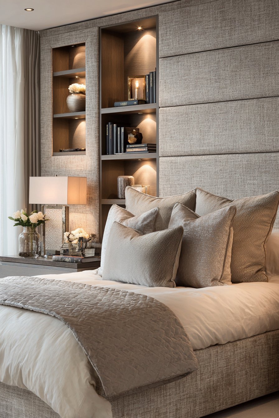 Grey linen upholstered headboard with built-in shelving niches on either side and recessed LED reading lights