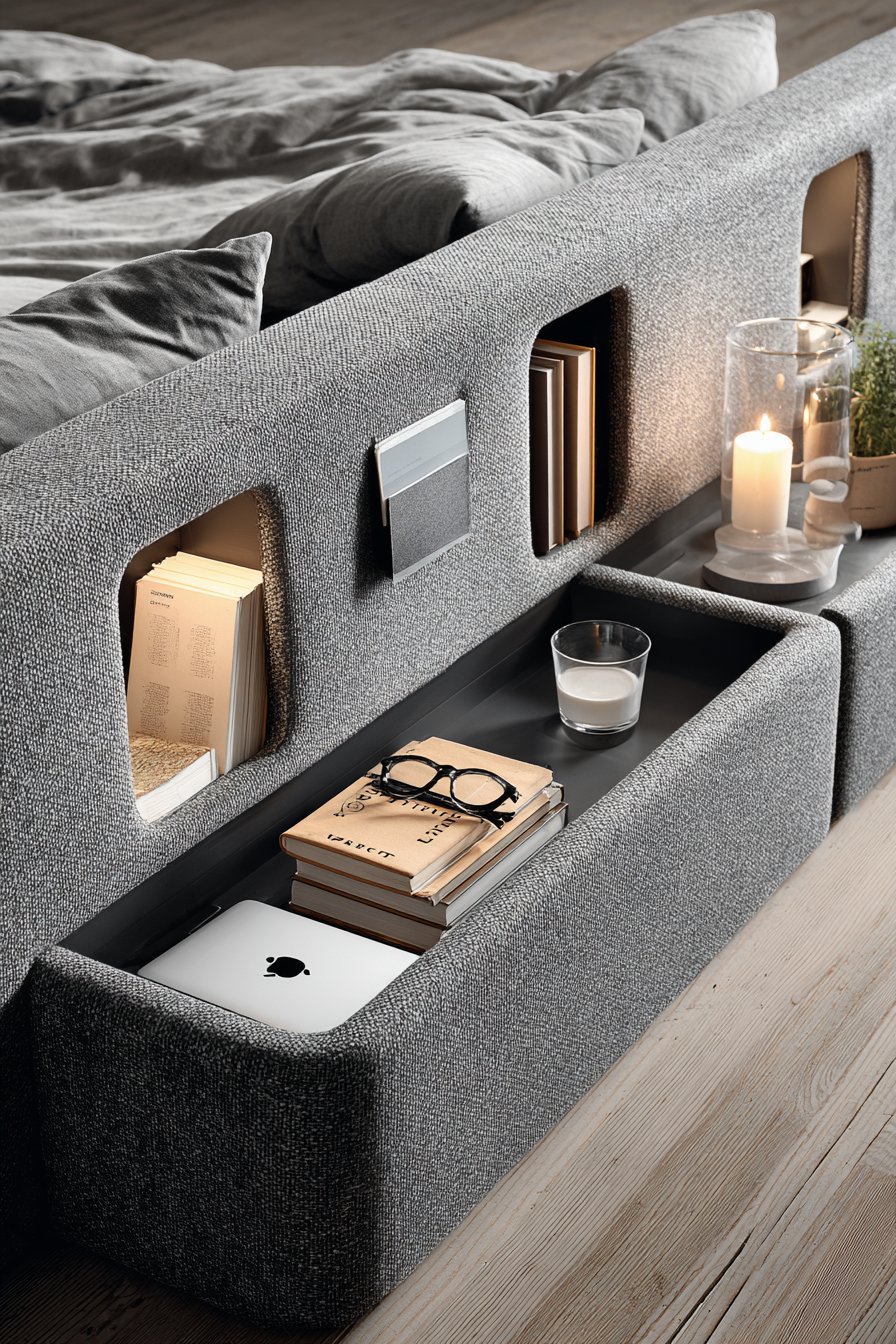 Grey linen upholstered headboard with built-in shelving niches on either side and recessed LED reading lights