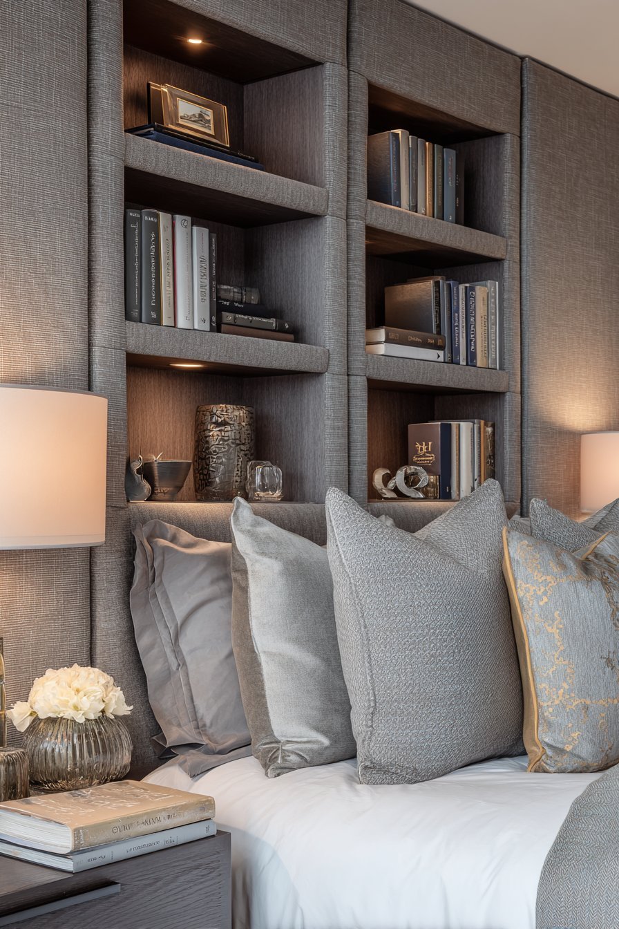 Grey linen upholstered headboard with built-in shelving niches on either side and recessed LED reading lights