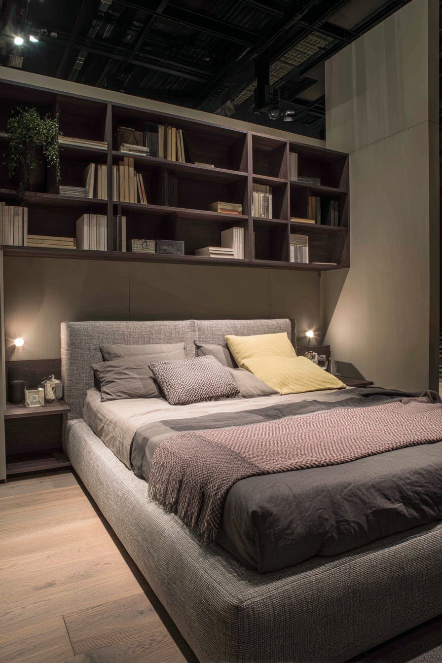 Grey linen upholstered headboard with built-in shelving niches on either side and recessed LED reading lights