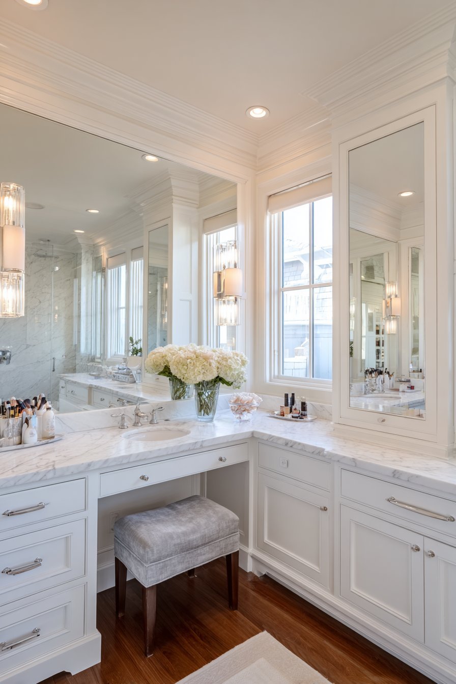 L-shaped marble makeup vanity with Hollywood mirror lights, acrylic organizers and grey velvet stool