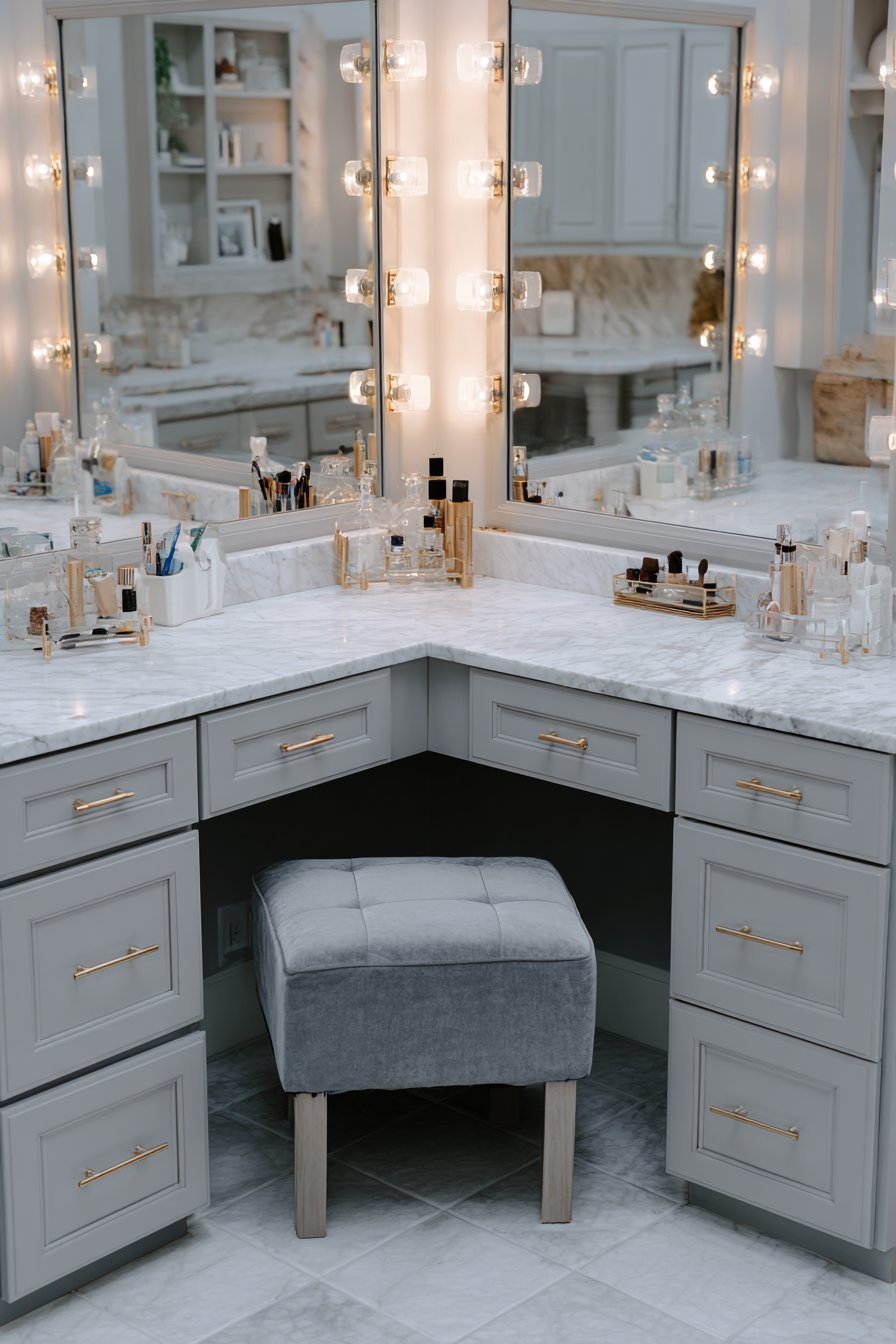 L-shaped marble makeup vanity with Hollywood mirror lights, acrylic organizers and grey velvet stool
