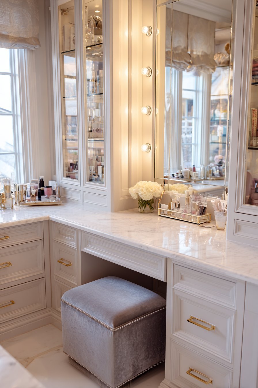 L-shaped marble makeup vanity with Hollywood mirror lights, acrylic organizers and grey velvet stool