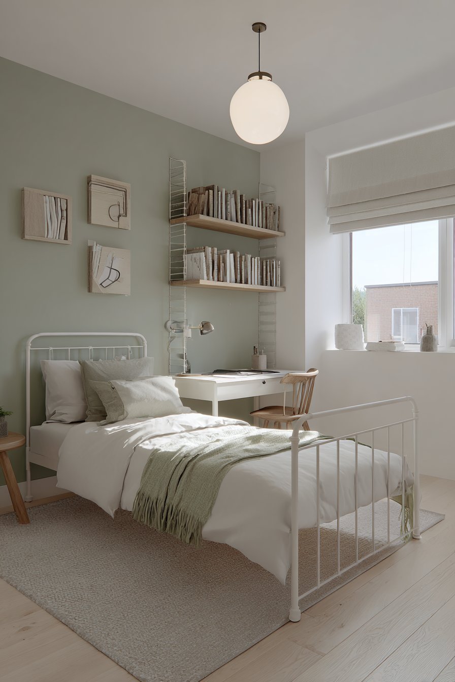 Teen minimal bedroom with white metal twin bed, sage green accent wall, floating white desk and natural wood shelf