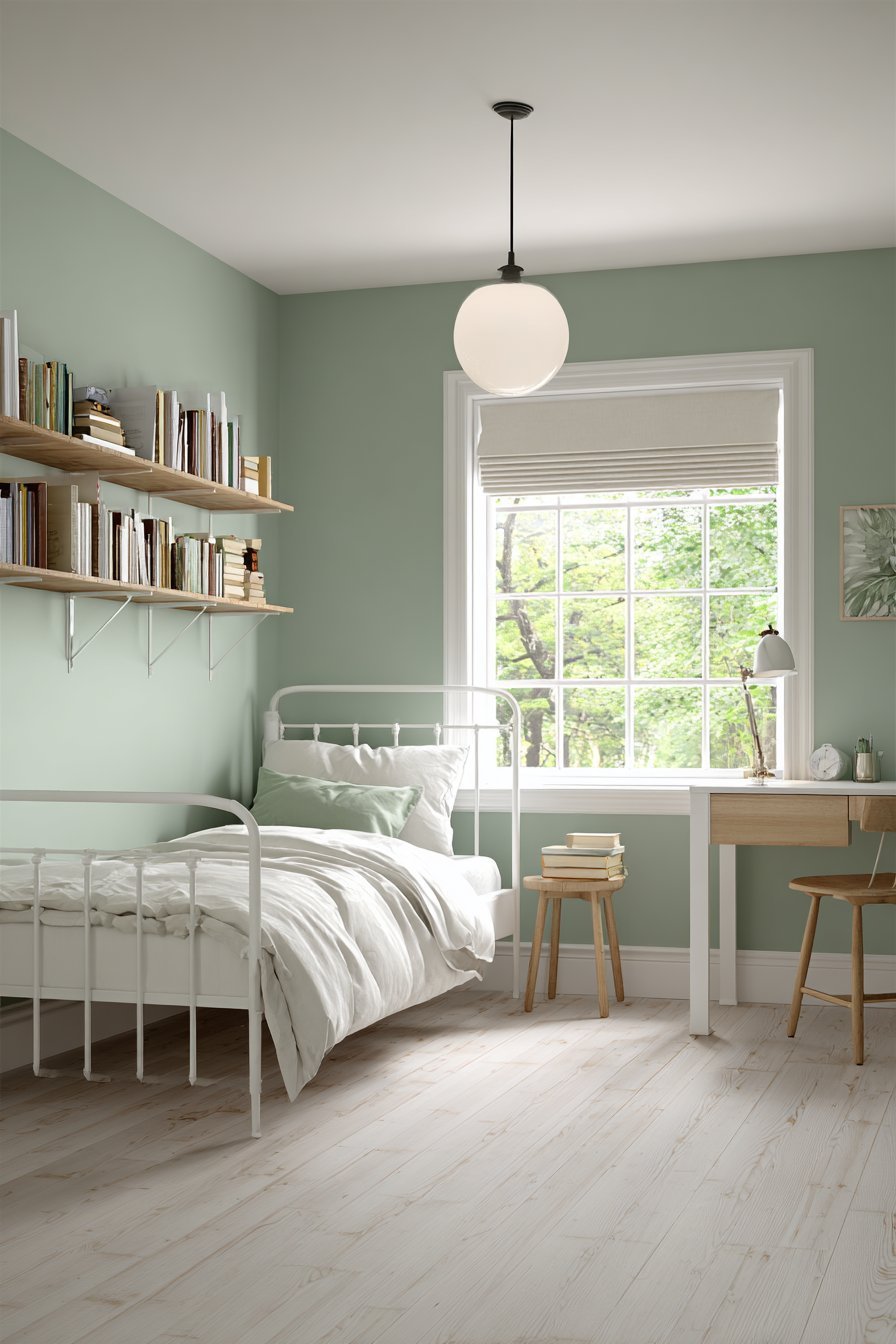Teen minimal bedroom with white metal twin bed, sage green accent wall, floating white desk and natural wood shelf