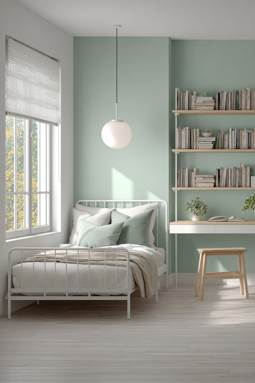 Teen minimal bedroom with white metal twin bed, sage green accent wall, floating white desk and natural wood shelf