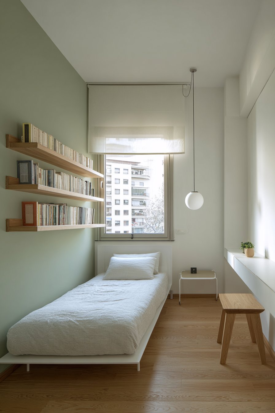 Teen minimal bedroom with white metal twin bed, sage green accent wall, floating white desk and natural wood shelf