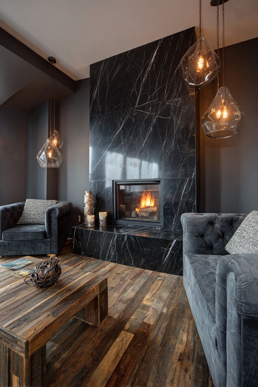 Black marble fireplace with white veining, taupe-grey walls, grey velvet loveseat and bronze pendants