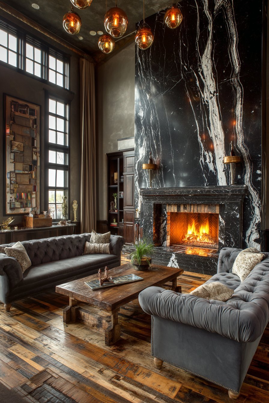 Black marble fireplace with white veining, taupe-grey walls, grey velvet loveseat and bronze pendants