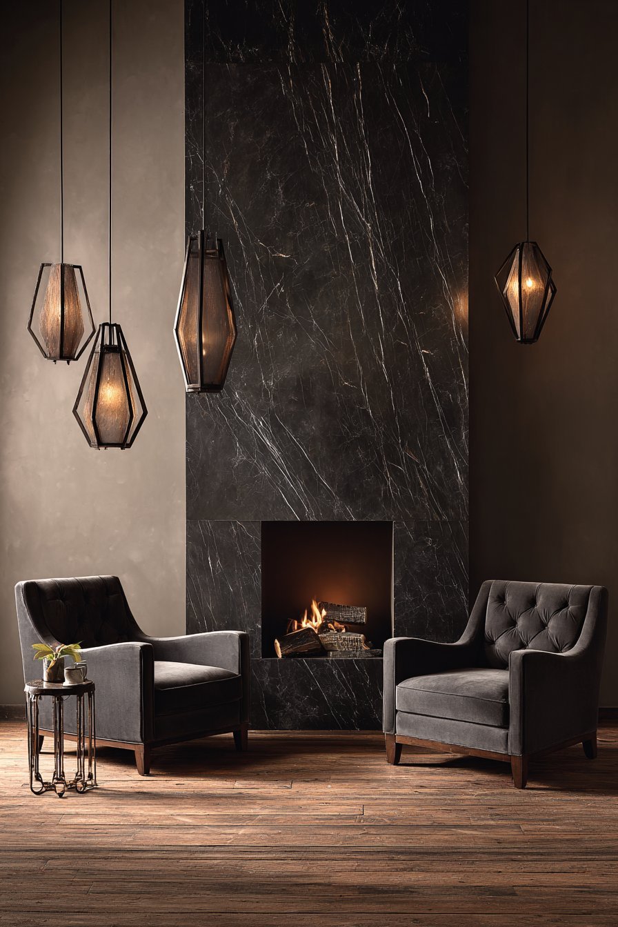 Black marble fireplace with white veining, taupe-grey walls, grey velvet loveseat and bronze pendants